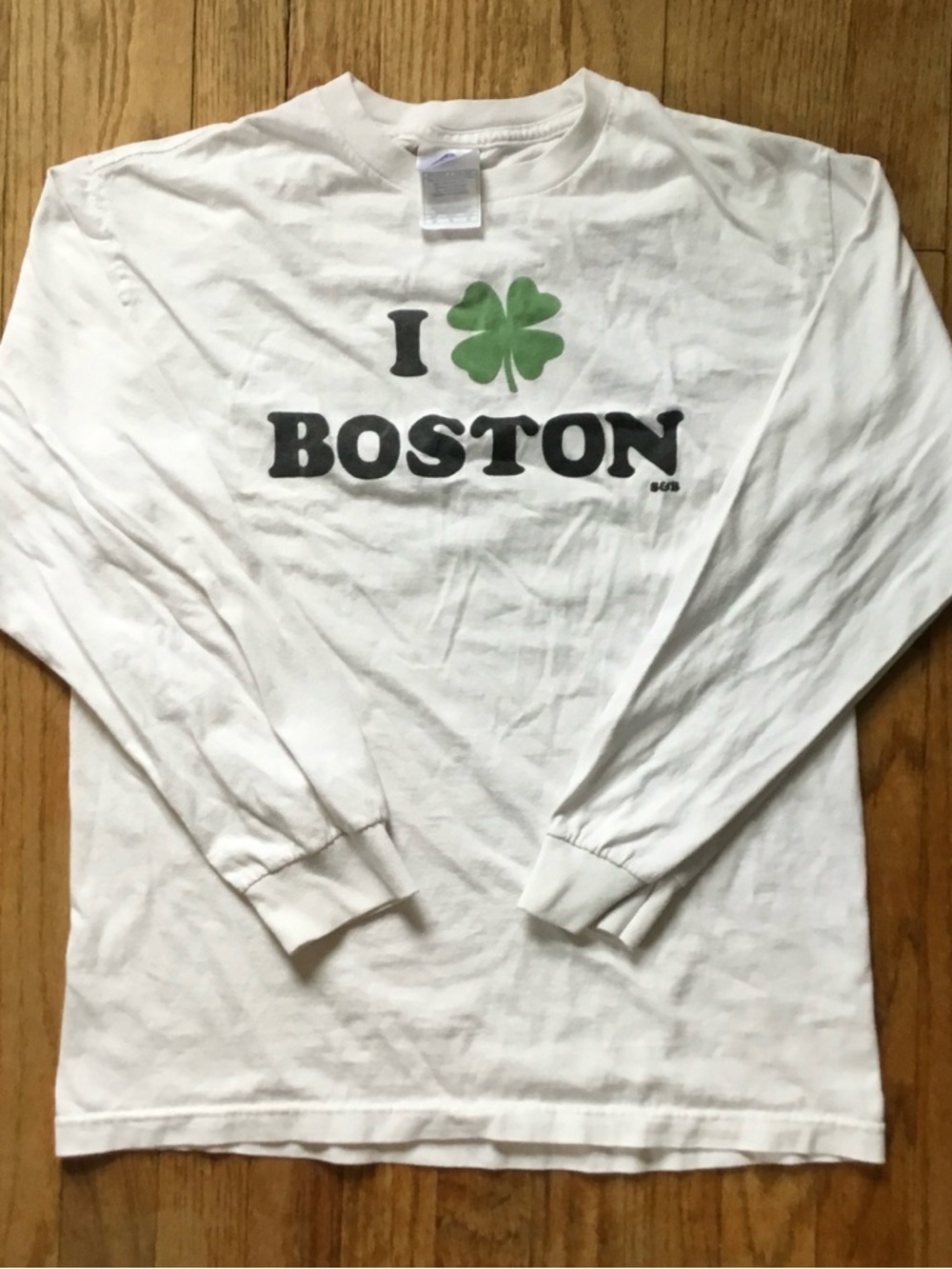 Delta White Long-Sleeve Tee with Green Clover and Black Boston Text